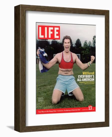 Comic Will Ferrell Outside in Freeway Park Doing a Bad Imitation of Brandi Chastain, May 13, 2005-Jeff Riedel-Framed Photographic Print