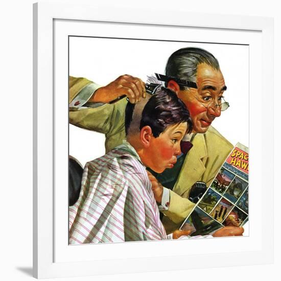 "Comical Haircut," February 27, 1943-Howard Scott-Framed Giclee Print