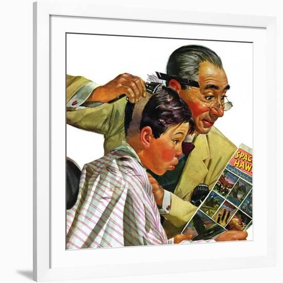 "Comical Haircut," February 27, 1943-Howard Scott-Framed Giclee Print