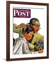 "Comical Haircut," Saturday Evening Post Cover, February 27, 1943-Howard Scott-Framed Giclee Print