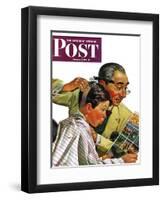 "Comical Haircut," Saturday Evening Post Cover, February 27, 1943-Howard Scott-Framed Premium Giclee Print