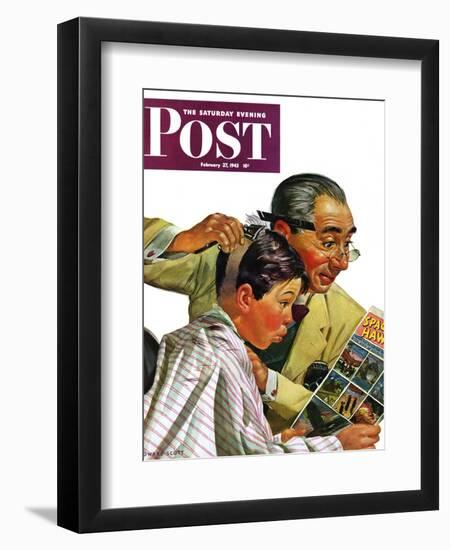 "Comical Haircut," Saturday Evening Post Cover, February 27, 1943-Howard Scott-Framed Giclee Print