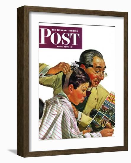 "Comical Haircut," Saturday Evening Post Cover, February 27, 1943-Howard Scott-Framed Giclee Print