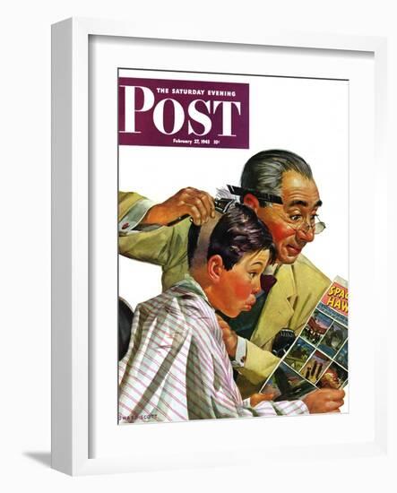 "Comical Haircut," Saturday Evening Post Cover, February 27, 1943-Howard Scott-Framed Giclee Print