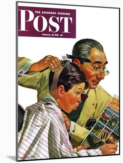 "Comical Haircut," Saturday Evening Post Cover, February 27, 1943-Howard Scott-Mounted Giclee Print