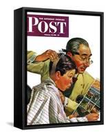 "Comical Haircut," Saturday Evening Post Cover, February 27, 1943-Howard Scott-Framed Stretched Canvas