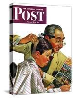 "Comical Haircut," Saturday Evening Post Cover, February 27, 1943-Howard Scott-Stretched Canvas