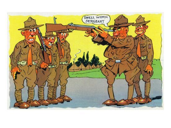 'Comical Military Cartoon - Commander Pointing Gun in His Eye Telling