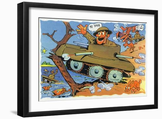 Comical Military Cartoon - Soldiers in Tanks Creating Chaos, c.1942-Lantern Press-Framed Art Print