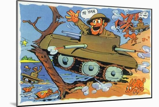 Comical Military Cartoon - Soldiers in Tanks Creating Chaos, c.1942-Lantern Press-Mounted Art Print