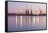 Commercial Docks at Sunset with a Ship and Cranes-Kamira-Framed Stretched Canvas