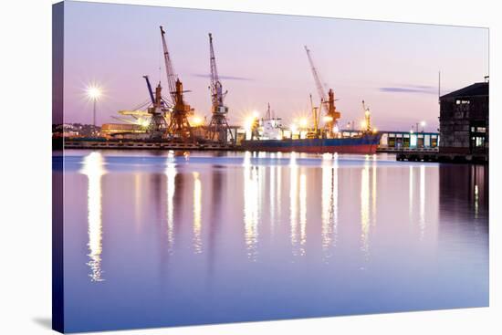 Commercial Docks at Sunset with a Ship and Cranes-Kamira-Stretched Canvas