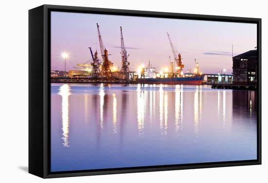 Commercial Docks at Sunset with a Ship and Cranes-Kamira-Framed Stretched Canvas