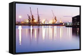 Commercial Docks at Sunset with a Ship and Cranes-Kamira-Framed Stretched Canvas