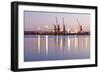 Commercial Docks at Sunset with a Ship and Cranes-Kamira-Framed Photographic Print