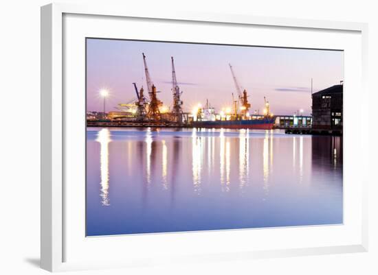 Commercial Docks at Sunset with a Ship and Cranes-Kamira-Framed Photographic Print