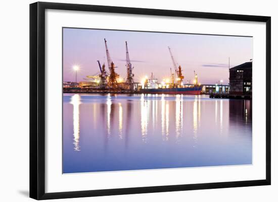 Commercial Docks at Sunset with a Ship and Cranes-Kamira-Framed Photographic Print