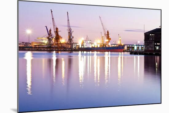 Commercial Docks at Sunset with a Ship and Cranes-Kamira-Mounted Photographic Print