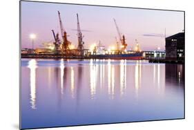 Commercial Docks at Sunset with a Ship and Cranes-Kamira-Mounted Photographic Print