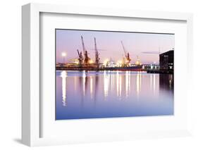 Commercial Docks at Sunset with a Ship and Cranes-Kamira-Framed Photographic Print