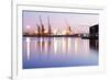 Commercial Docks at Sunset with a Ship and Cranes-Kamira-Framed Photographic Print