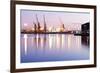 Commercial Docks at Sunset with a Ship and Cranes-Kamira-Framed Photographic Print