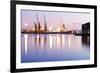 Commercial Docks at Sunset with a Ship and Cranes-Kamira-Framed Photographic Print