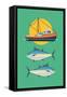 Commercial Fishery Concept Layout. Tuna Fishing Industry Background with Fishing Boat and Tuna Fish-Mascha Tace-Framed Stretched Canvas