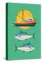 Commercial Fishery Concept Layout. Tuna Fishing Industry Background with Fishing Boat and Tuna Fish-Mascha Tace-Stretched Canvas