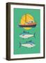 Commercial Fishery Concept Layout. Tuna Fishing Industry Background with Fishing Boat and Tuna Fish-Mascha Tace-Framed Art Print