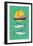 Commercial Fishery Concept Layout. Tuna Fishing Industry Background with Fishing Boat and Tuna Fish-Mascha Tace-Framed Art Print