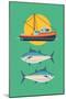 Commercial Fishery Concept Layout. Tuna Fishing Industry Background with Fishing Boat and Tuna Fish-Mascha Tace-Mounted Art Print