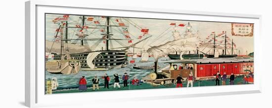 Commodore Perry's Gift of a Railway to the Japanese in 1853-Ando Hiroshige-Framed Giclee Print