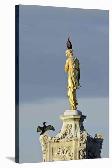 Common Comorants Perched on Statue Drying Out, Bushy Park, London, England, UK, November-Terry Whittaker-Stretched Canvas
