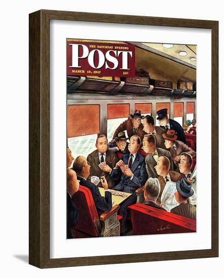 "Commuter Card Game," Saturday Evening Post Cover, March 15, 1947-Constantin Alajalov-Framed Giclee Print