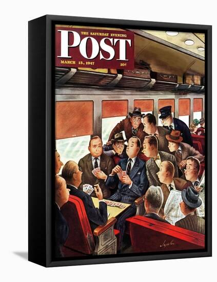 "Commuter Card Game," Saturday Evening Post Cover, March 15, 1947-Constantin Alajalov-Framed Stretched Canvas