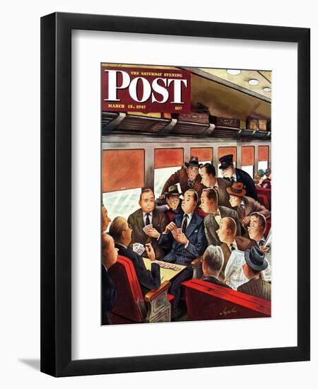 "Commuter Card Game," Saturday Evening Post Cover, March 15, 1947-Constantin Alajalov-Framed Premium Giclee Print