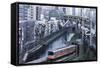 Commuter Trains in Akihabara-Jon Hicks-Framed Stretched Canvas