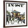 "Commuters in the Rain," Saturday Evening Post Cover, October 7, 1961-John Falter-Framed Giclee Print