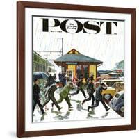 "Commuters in the Rain," Saturday Evening Post Cover, October 7, 1961-John Falter-Framed Giclee Print