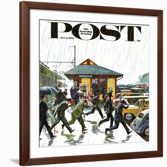 "Commuters in the Rain," Saturday Evening Post Cover, October 7, 1961-John Falter-Framed Giclee Print