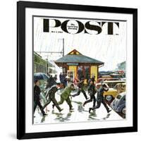 "Commuters in the Rain," Saturday Evening Post Cover, October 7, 1961-John Falter-Framed Giclee Print