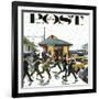 "Commuters in the Rain," Saturday Evening Post Cover, October 7, 1961-John Falter-Framed Giclee Print