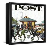 "Commuters in the Rain," Saturday Evening Post Cover, October 7, 1961-John Falter-Framed Stretched Canvas