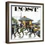 "Commuters in the Rain," Saturday Evening Post Cover, October 7, 1961-John Falter-Framed Giclee Print