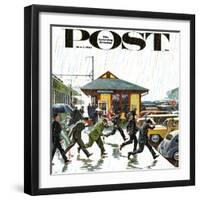 "Commuters in the Rain," Saturday Evening Post Cover, October 7, 1961-John Falter-Framed Giclee Print