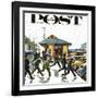 "Commuters in the Rain," Saturday Evening Post Cover, October 7, 1961-John Falter-Framed Giclee Print