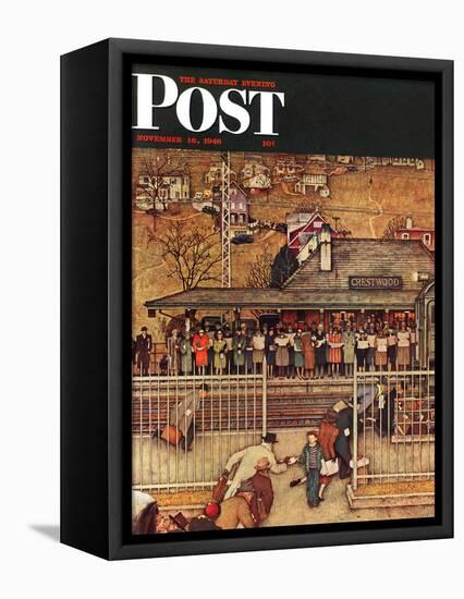 "Commuters" (waiting at Crestwood train station) Saturday Evening Post Cover, November 16,1946-Norman Rockwell-Framed Stretched Canvas