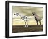 Comparison of Tyrannosaurus Rex Standing Next to its Fossil Skeleton-null-Framed Art Print