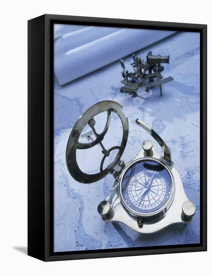 Compass with a Sextant and a Map-null-Framed Stretched Canvas